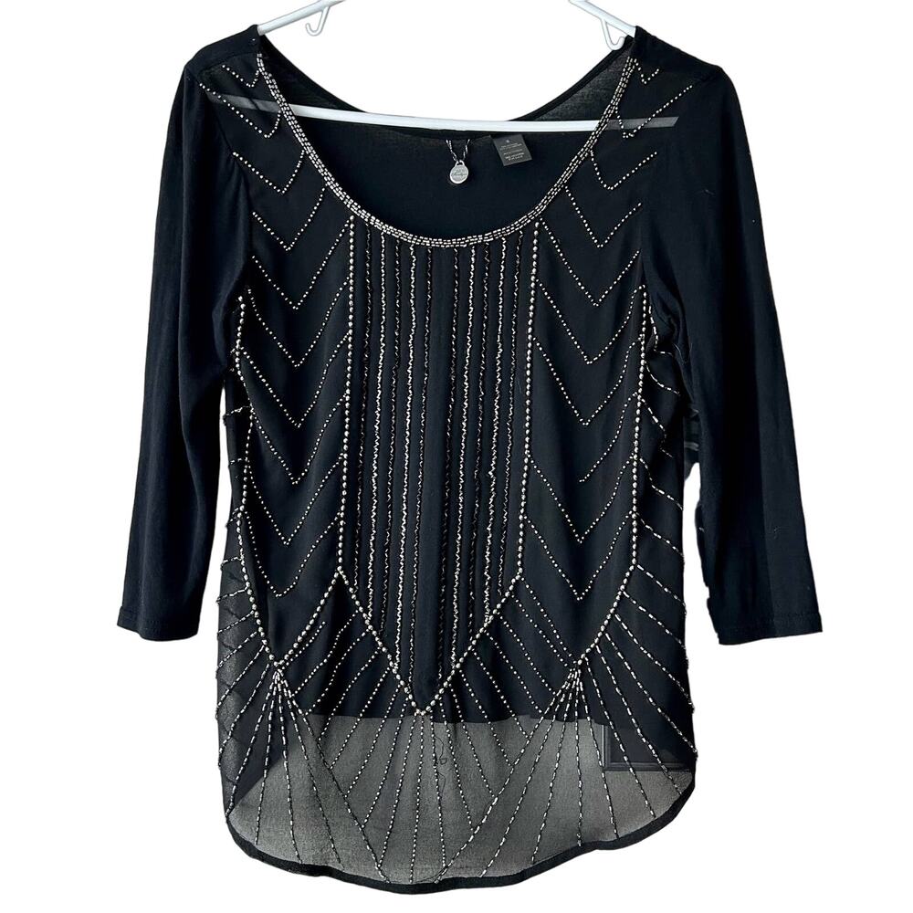 BKE Boutique Sheer Beaded Top Black Embellished Blouse Y2K fairy Going Out S